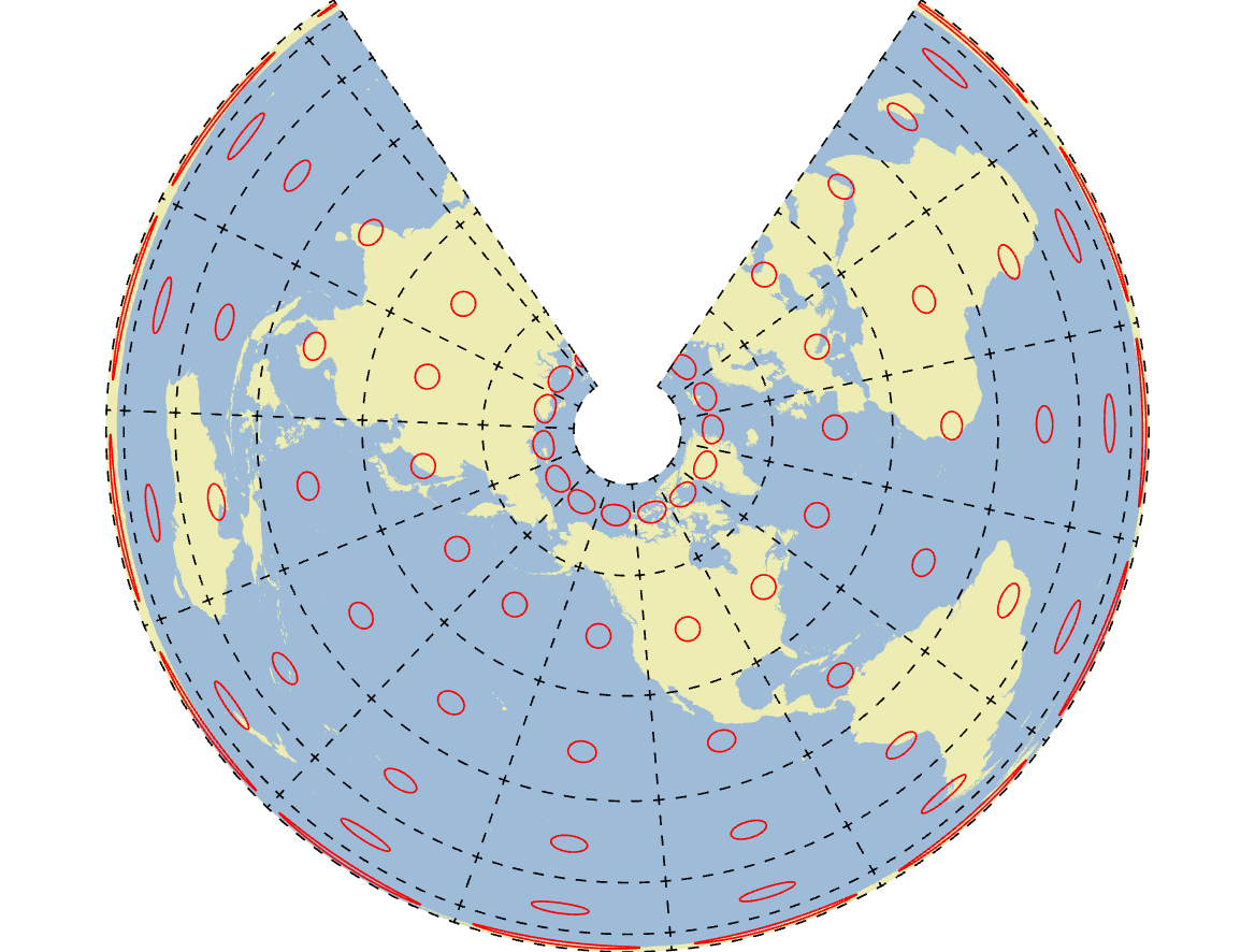 Figure 2.17 BC Environment Albers map projection with Tissot’s Indicatrices in red