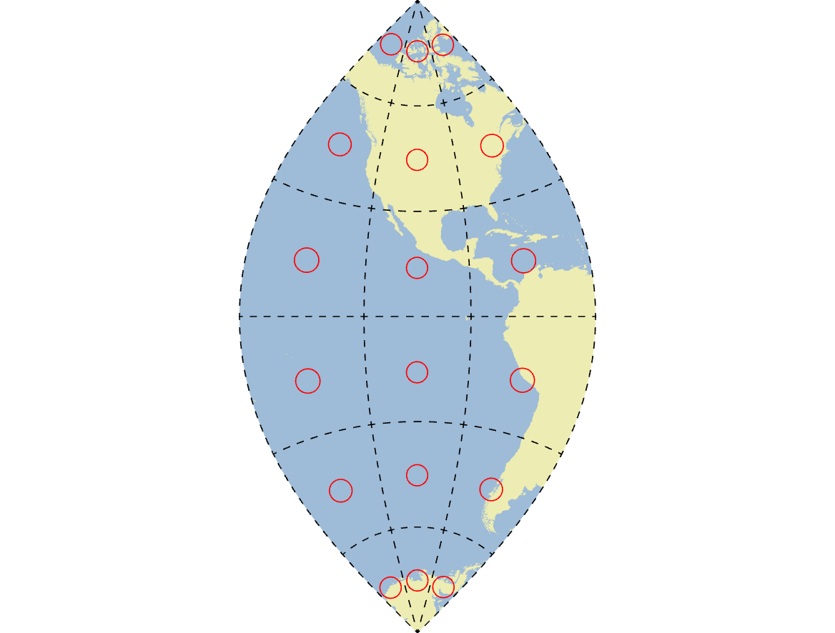 Figure 2.13 Universal Transverse Mercator Zone 13 map projection with Tissot’s Indicatrices in red