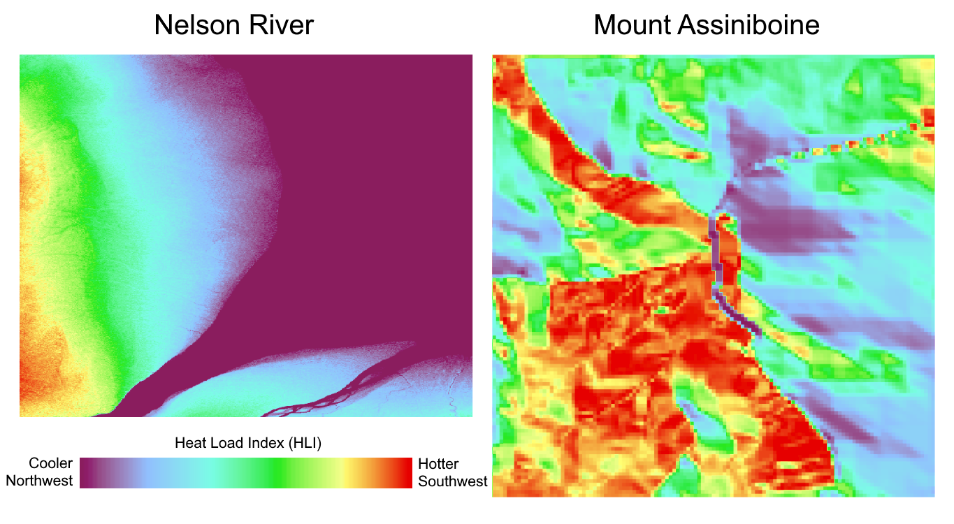 Comparing Heat Load Index (HLI) for Mount Assiniboine and the Nelson River. Data from Canadian Digital Elevation Model and MAXAR, respectively. Pickell, CC-BY-SA-4.0.