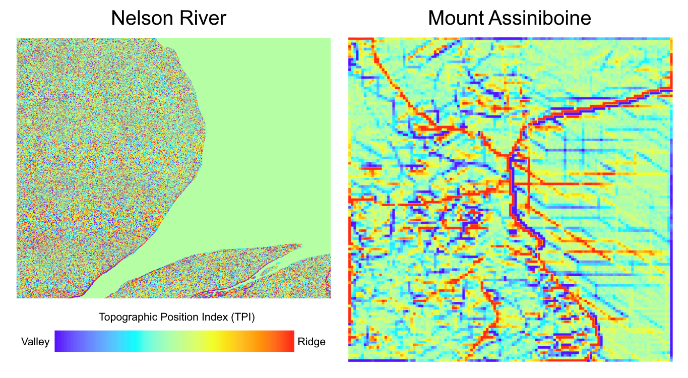 Comparing Topographic Position Index (TPI) for Mount Assiniboine and the Nelson River. Data from Canadian Digital Elevation Model and MAXAR, respectively. Pickell, CC-BY-SA-4.0.