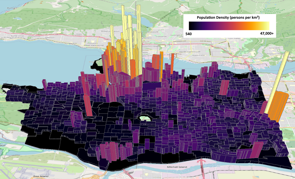 Census dissemination areas extruded by population density (2016) for Vancouver, British Columbia. Census data from Statistics Canada, Census Profile, 2016, licensed under Statistics Canada Open License. Reproduced and distributed on an 'as is' basis with the permission of Statistics Canada. Base map © OpenStreetMap contributors, licensed under Open Data Commons Open Database License. Pickell, CC-BY-SA-4.0.